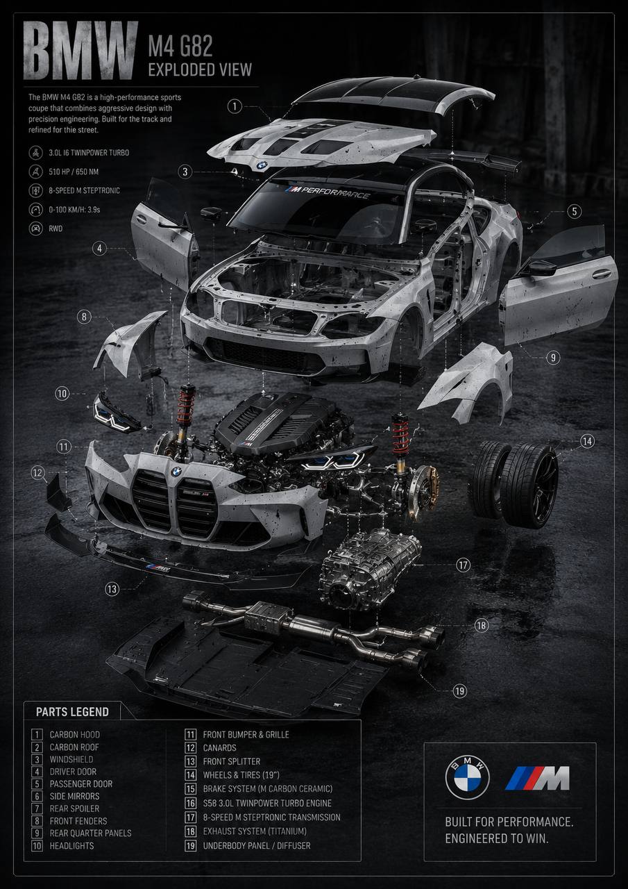 Explosionsansicht eines BMW M4 – jedes Bauteil einzeln dargestellt